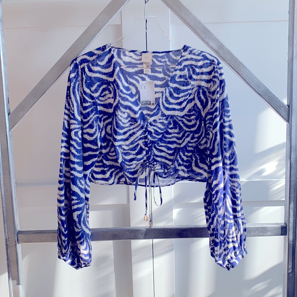 Blue and white digital animal print crop top. With draw string detail